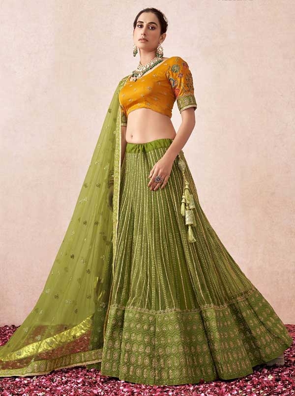 Attractive Olive Green Net Embroidered Par...