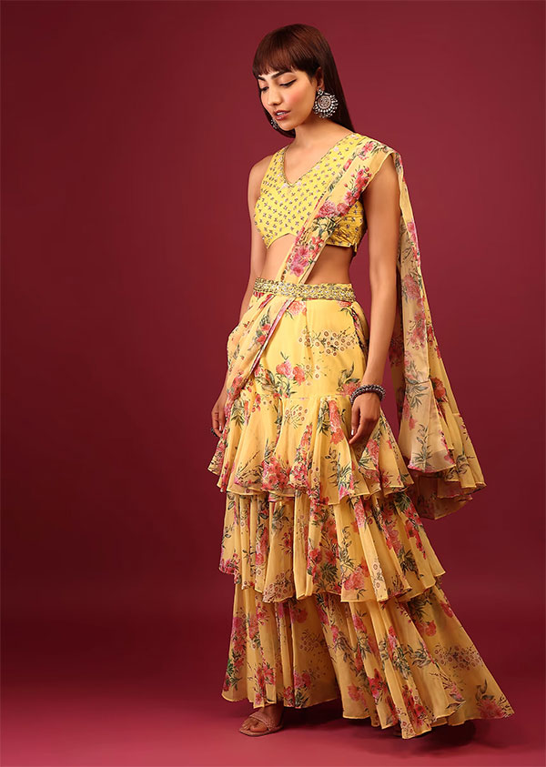 Primrose Yellow Floral Print Pleated Lehenga Saree In Layered Frill Pattern With An Embellished Blouse