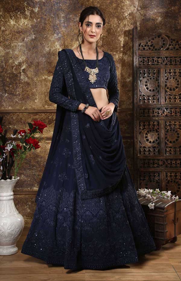 Navy Blue Embroidered Georgette Festive We...