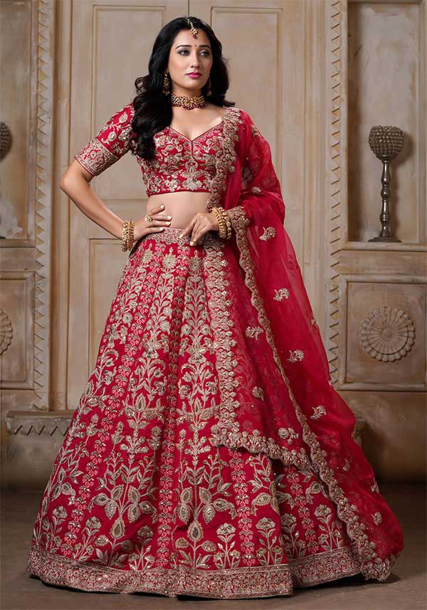 Cherry Red Embroidered Bridal Lehenga With Organza Dupatta