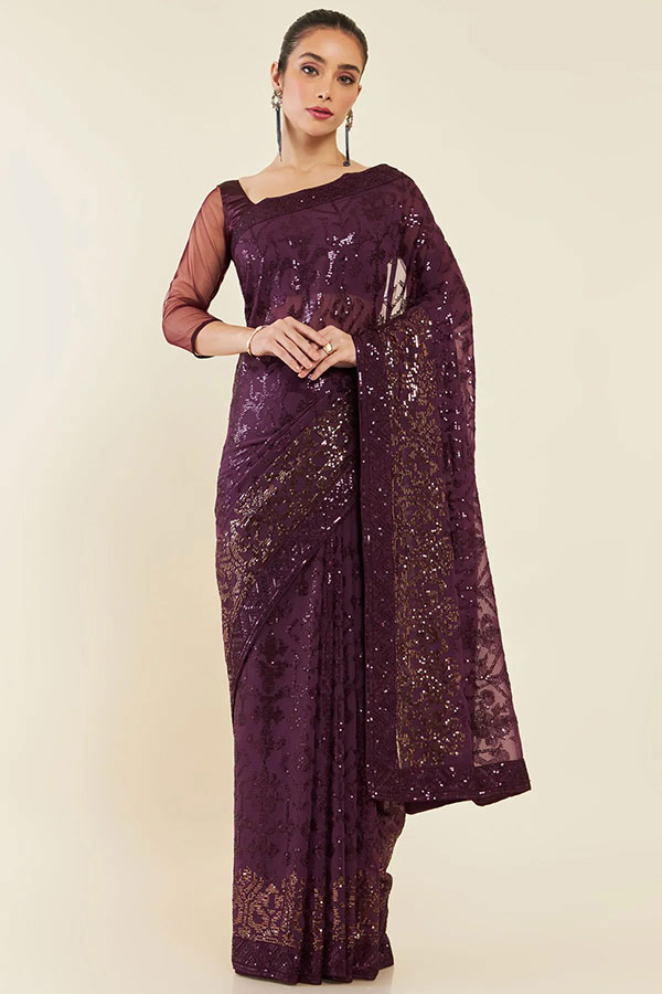 Magenta Georgette Saree With Sequin Embellished Ethnic And Paisley Patterns