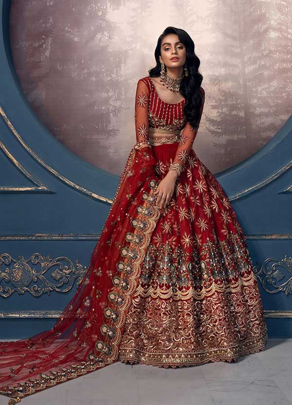 Red Net Heavy Embroidered Bridal Wear Lehe...