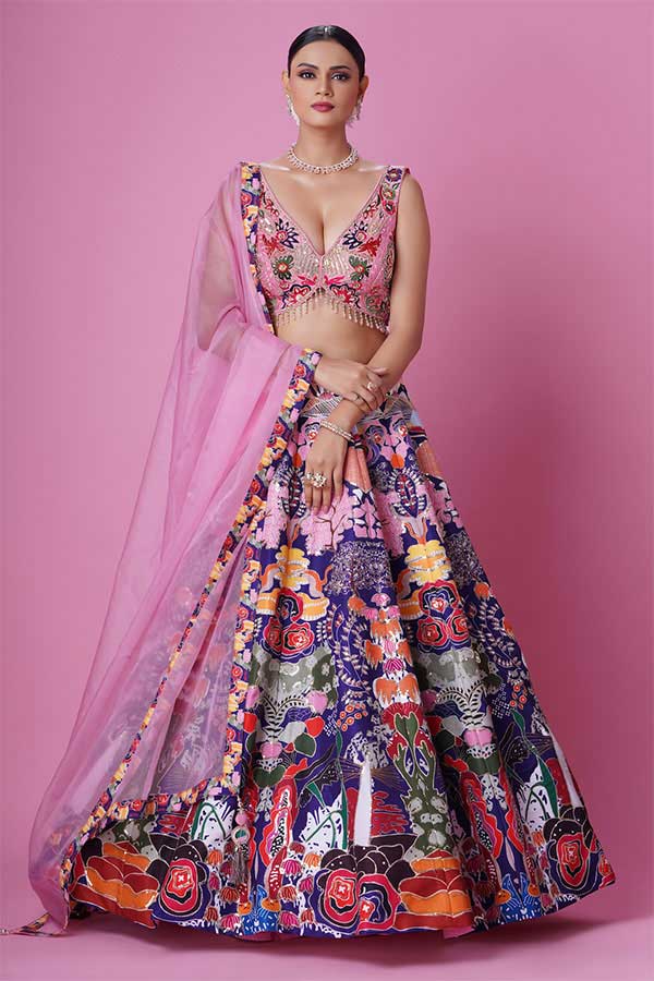 Blue Embellished Printed Lehenga With A Contrast Blouse