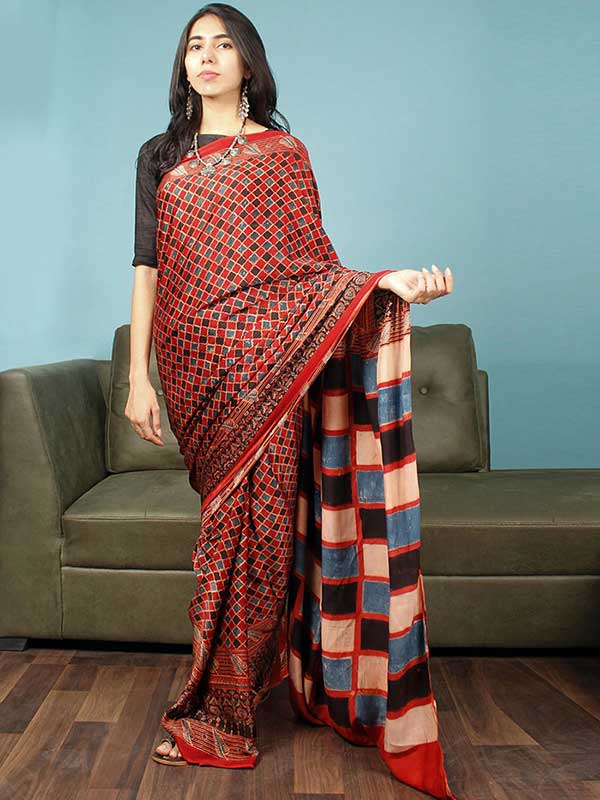 Red Indigo Ivory Black Ajrakh Hand Block Printed Modal Silk Saree in Natural Colors