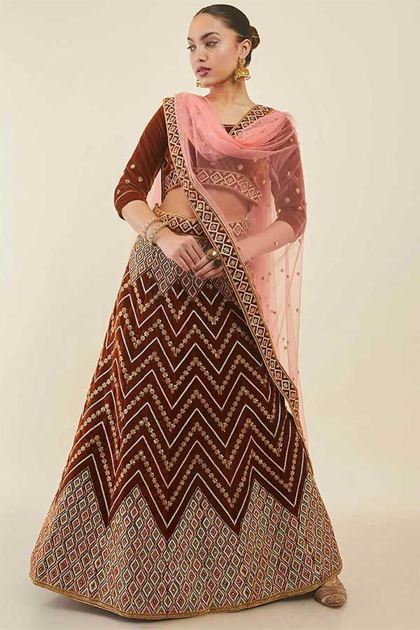 Light Brown Velvet Unstitch Lehenga Set With Chevron Embroidery And Sequins
