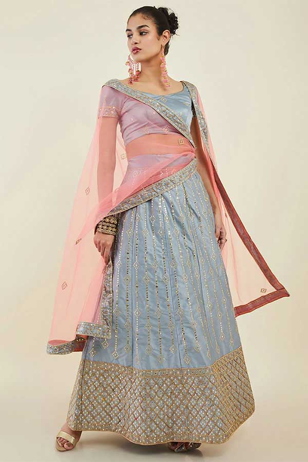 Grey Tussar Unstitch Lehenga Set With Embroidered Patterns And Sequins