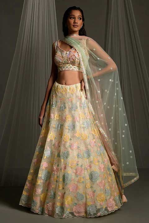 Pastel Yellow Sequins Embroidered Net Party Wear Lehenga