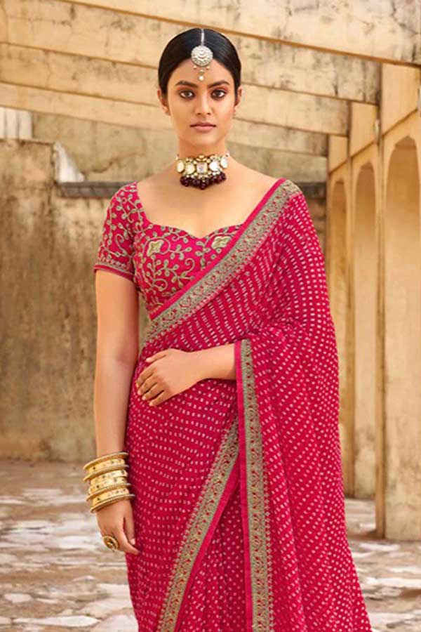 Pink Bandhani Design Saree With Embroidery Work Blouse